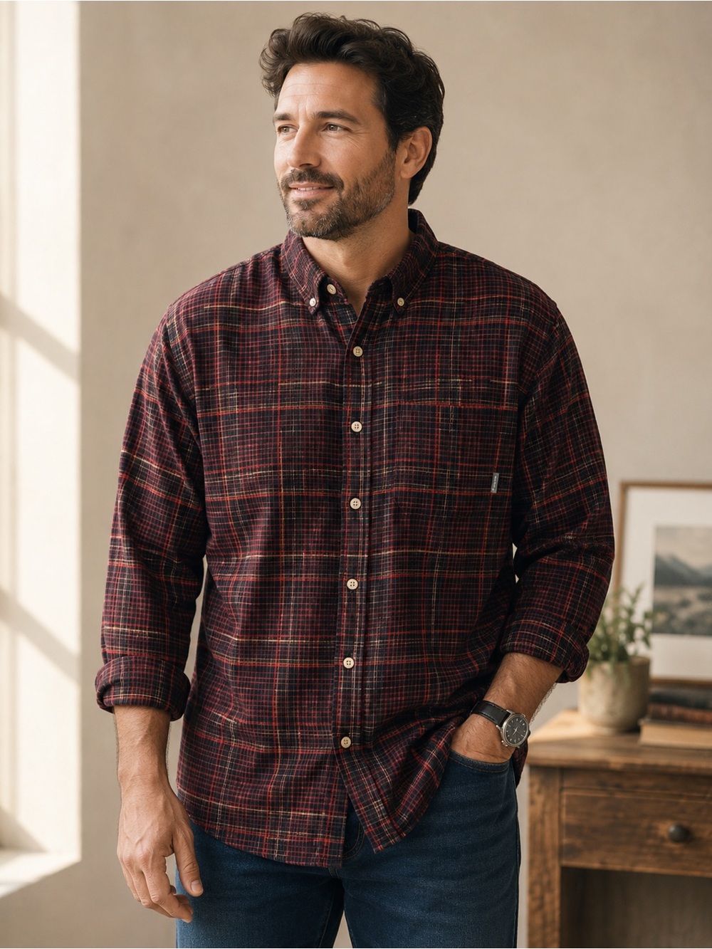 Eddie Bauer Men's Burgundy Plaid Button-Down Shirt